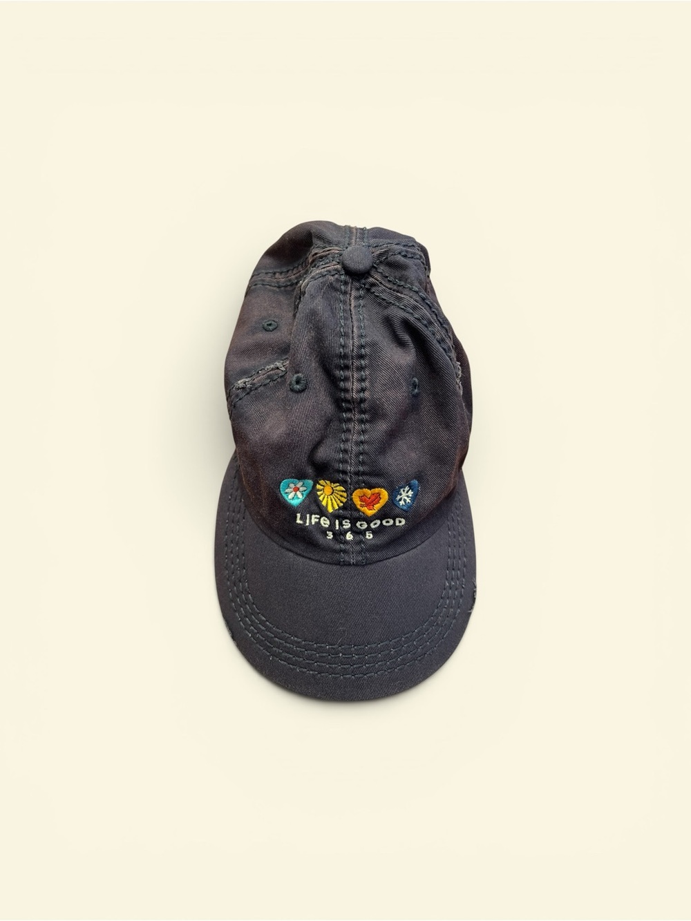 Life Is Good! Distressed Dark Navy Cap with Colorful Embroidery